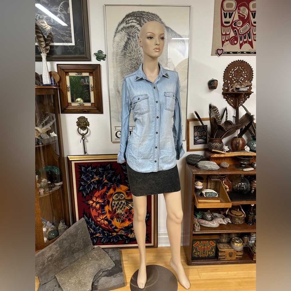 Light Blue Button-Up Shirt and Gray Skirt